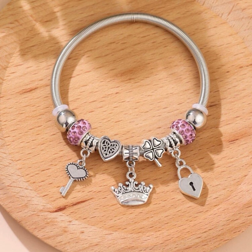 Silver Lock Key And Crown Charm Bracelet